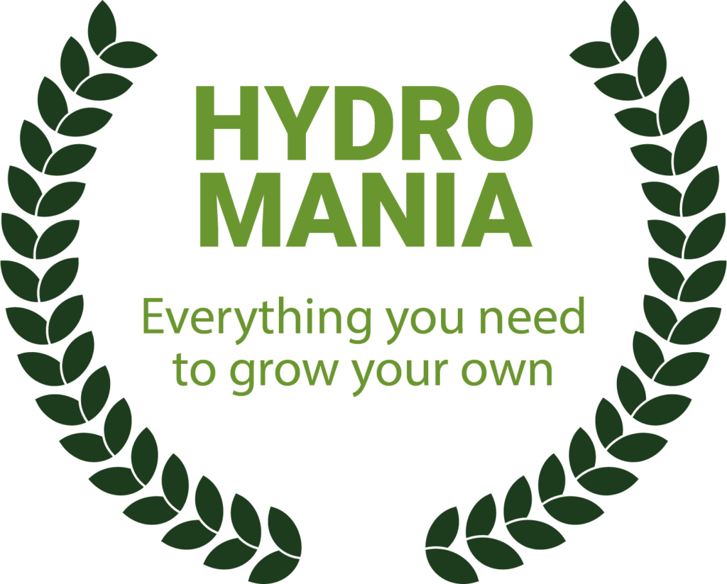 The purpose of the image is to promote hydroponics, a method of growing plants without soil. The green laurel wreath is a symbol of victory and success, and the text "HYDRO MANIA" suggests that using hydroponics is a sure way to achieve success in gardening. The phrase "Everything you need to grow your own" implies that the company that created the image sells products and services that make it easy to get started with hydroponics.